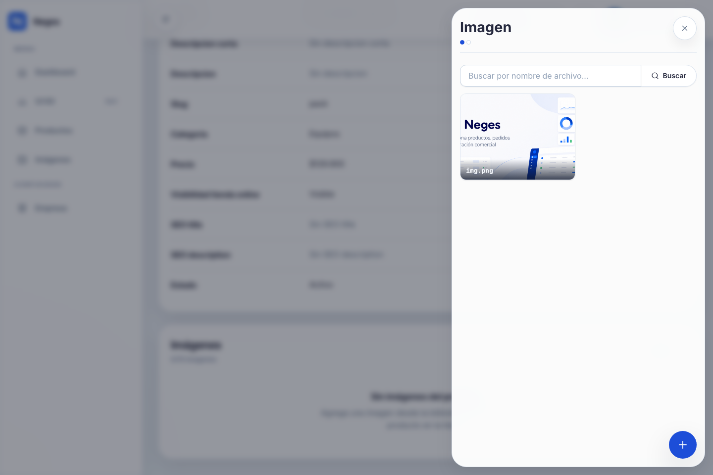 Detalle de producto en el backoffice Neges con la sección Imágenes y el panel para agregar una imagen.