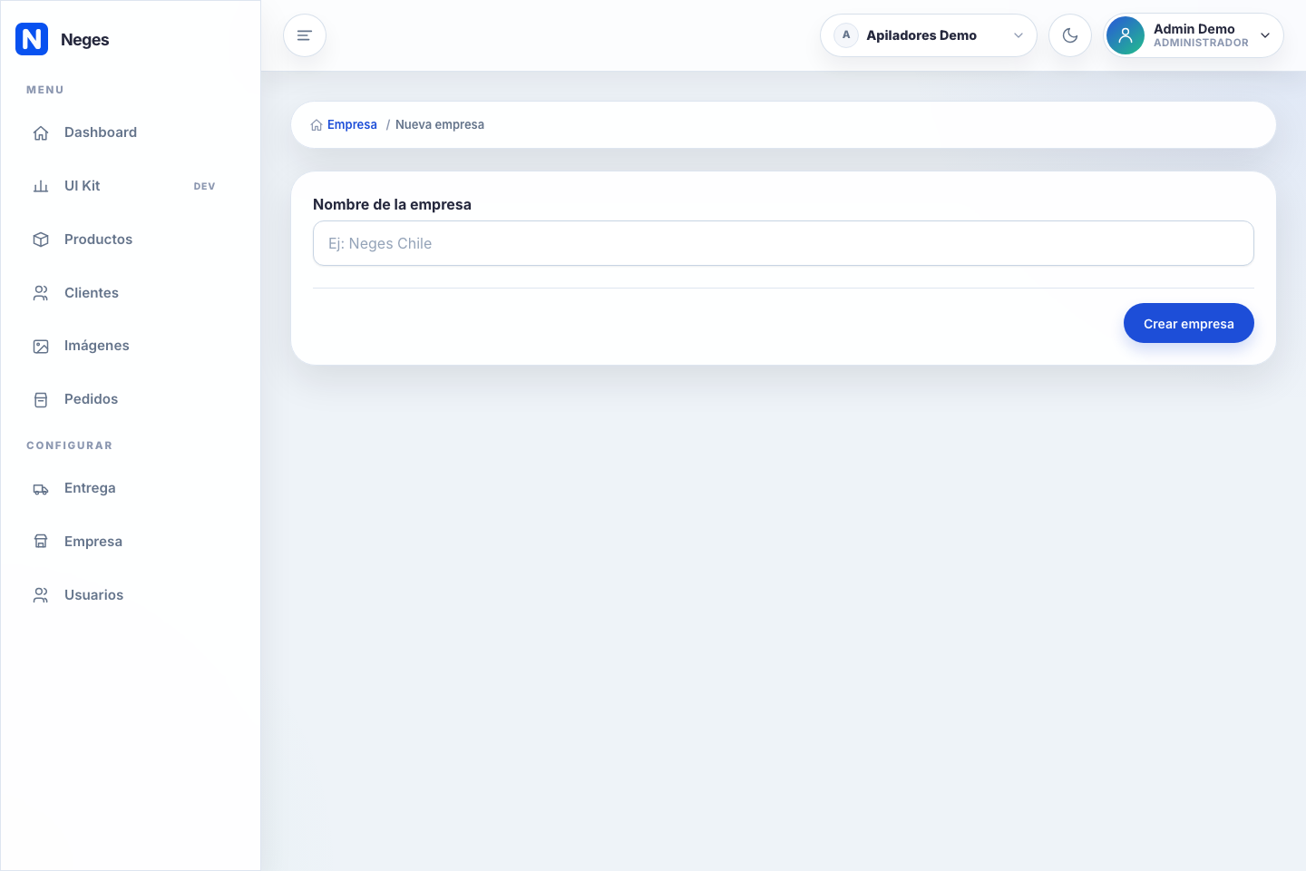 Pantalla Nueva empresa del backoffice Neges con el campo Nombre de la empresa y la acción Crear empresa.