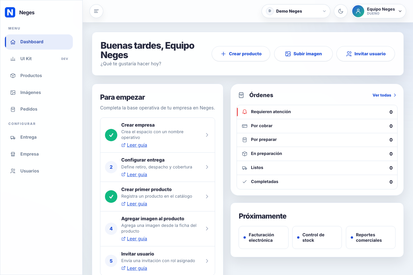 Dashboard de Neges con acciones rápidas, checklist Para empezar, resumen de órdenes y próximos módulos.
