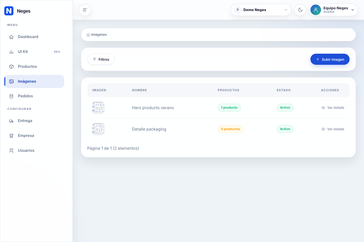 Pantalla Imágenes del backoffice Neges con biblioteca visual, filtros, estados y acción Subir imagen.